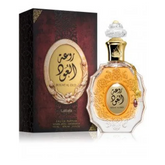 Arabische parfumfles en doos van Lattafa Parfum Rouat al Oud met top, hart en basisnoten